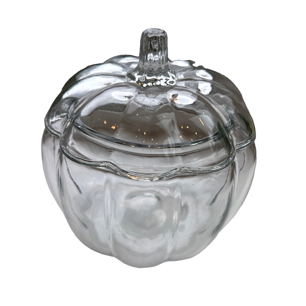 Anchor Hocking Vtg Clear Glass Pumpkin Shaped Jar Lid Cookie Candy Halloween 7.5
